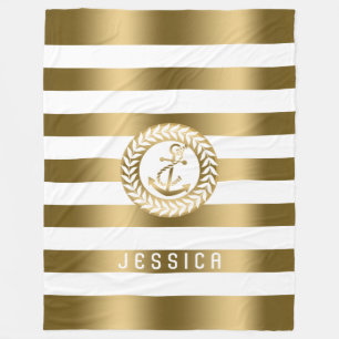 Gold & White Stripes With Gold Nautical Anchor Fleece Blanket