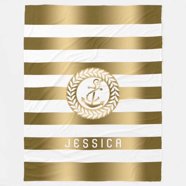 Gold & White Stripes With Gold Nautical Anchor Fleece Blanket (Front)