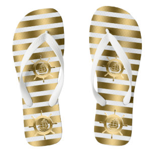 Gold & White Stripes With Nautical Boat Wheel Jandals