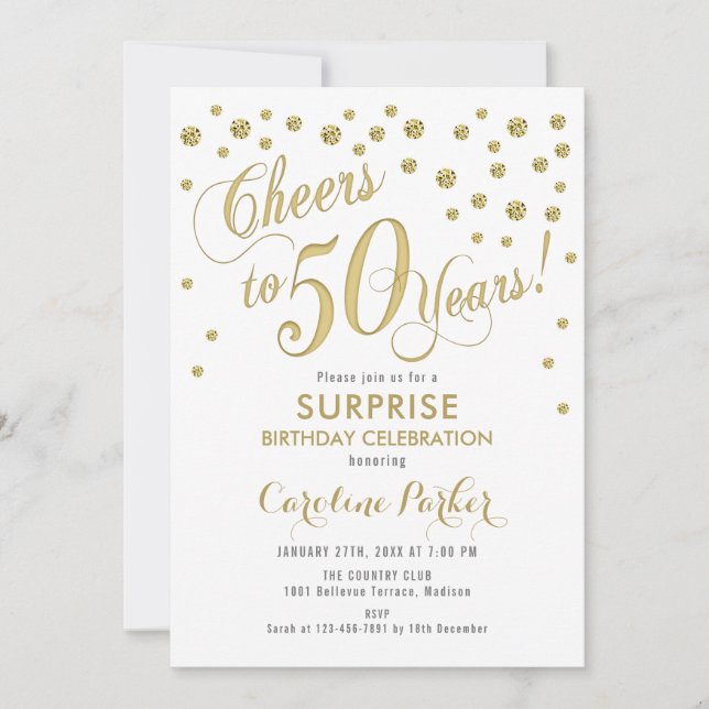 Gold White Surprise 50th Birthday Party Invitation (Front)