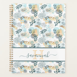 Gold white teal foliage monogram planner