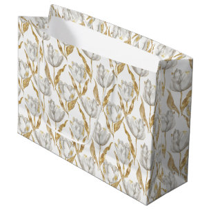 Gold White Tulip Flowers Bridal Shower Large Gift Bag