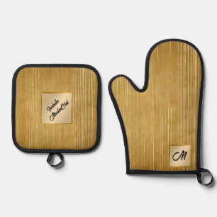 Gold White Vintage Art Deco Modern Collection Oven Mitt & Pot Holder Set