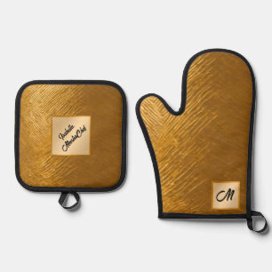 Gold White Vintage Art Deco Popular Collection Oven Mitt & Pot Holder Set