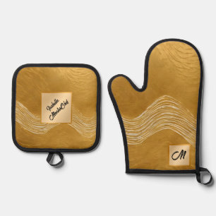 Gold White Vintage Art Deco Trendy Collection Oven Mitt & Pot Holder Set