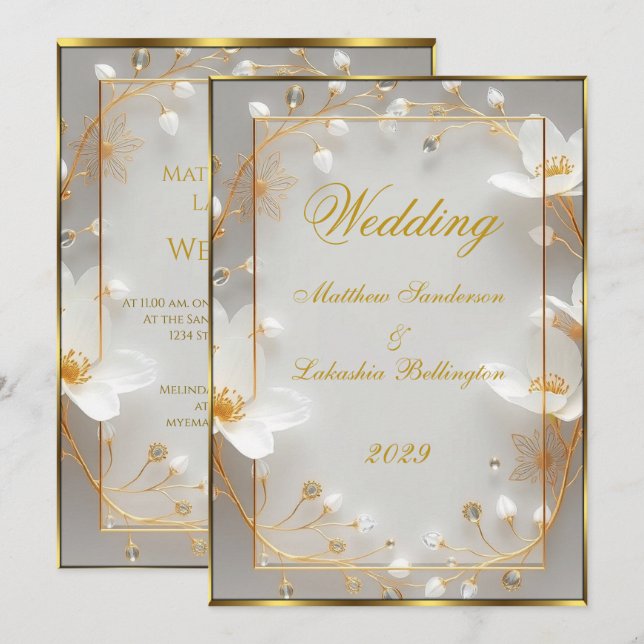 Gold White Wedding Beautiful Modern Celebration  Invitation (Front/Back)