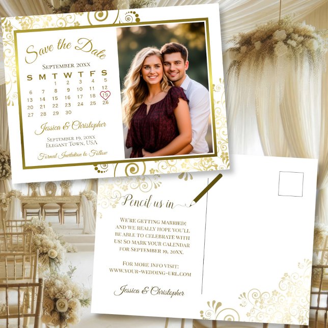 Gold & White Wedding Save the Date Calendar Photo Announcement Postcard (Front/Back)
