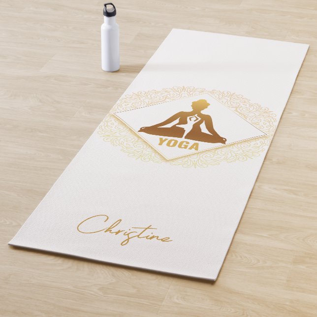 Gold-White Yoga Pose with Custom Name Yoga Mat (In Situ)