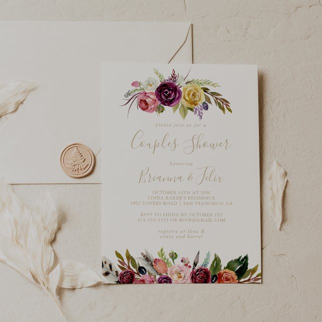 Gold Wild Feather Boho Tropical Couples Shower  Invitation (Creator Uploaded)