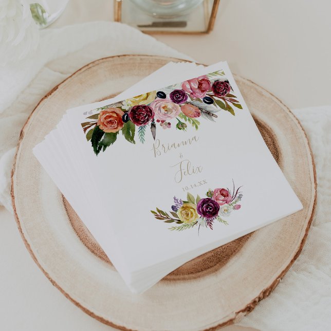 Gold Wild Feather Boho Tropical Floral Wedding  Napkin (Creator Uploaded)