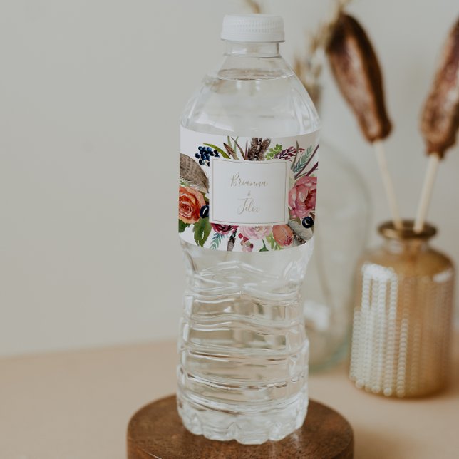 Gold Wild Feather Boho Tropical Floral Wedding  Water Bottle Label (Creator Uploaded)