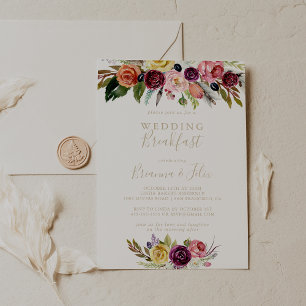 Gold Wild Feather Boho Tropical Wedding Breakfast  Invitation