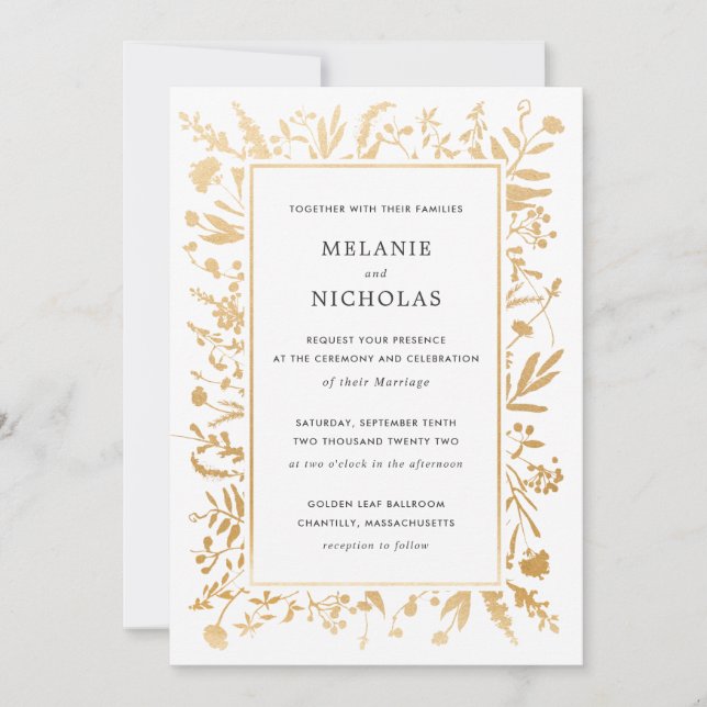 Gold Wildflower Frame Wedding invitation (Front)