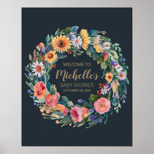 Gold Wildflower girl baby shower welcome sign     