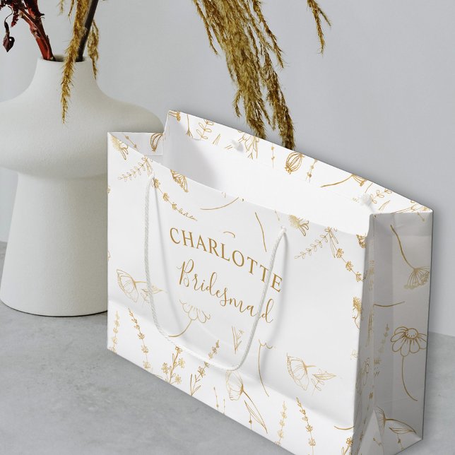 Gold Wildflower Sketch Bridal Party Thank You Large Gift Bag (Bridesmaid Gift Bag in White & Gold, from my Wildflower Sketch collection)