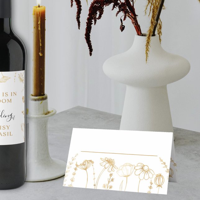 Gold Wildflower Sketch Simple Floral Place Card (Wedding Table Place Card in White & Gold, from my Wildflower Sketch collection)