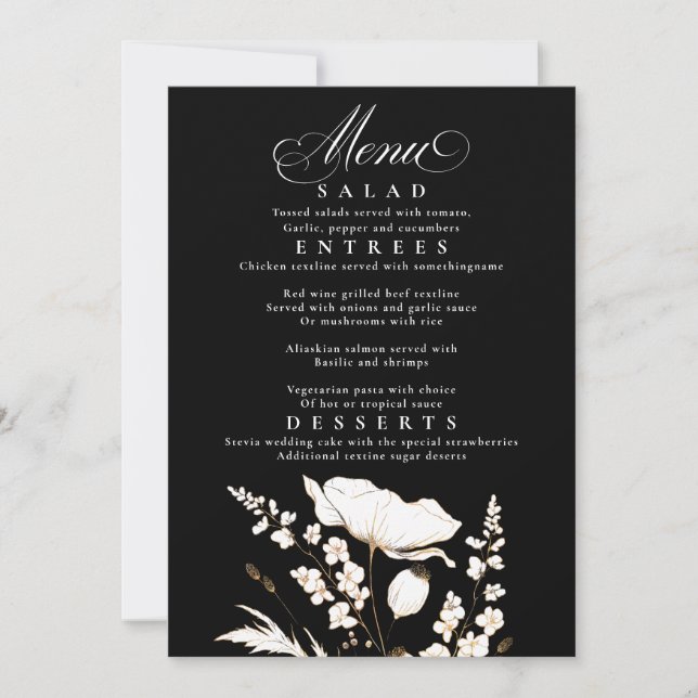 Gold Wildflowers Black and White Wedding Menu Invitation (Front)