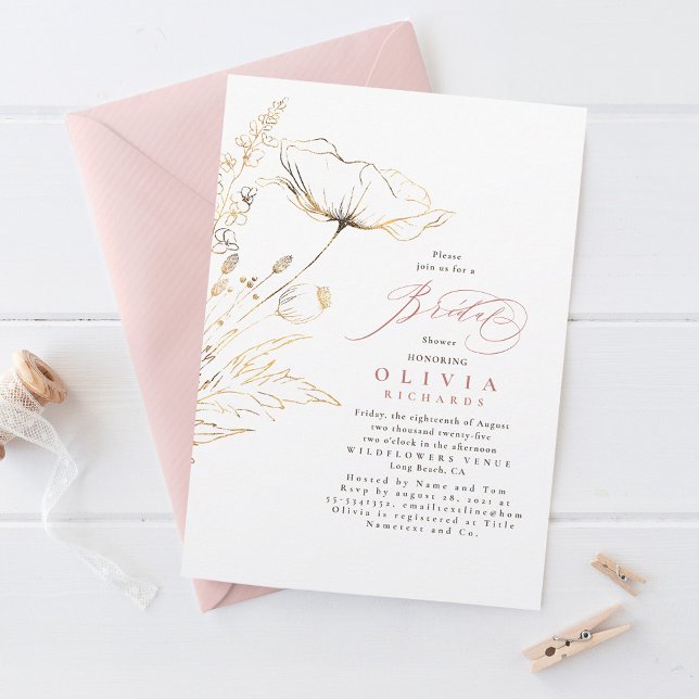 Gold Wildflowers Dusty Pink Chic Bridal Shower Invitation (Creator Uploaded)