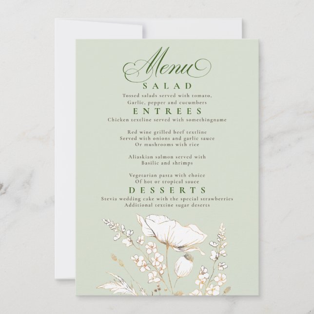 Gold Wildflowers Sage Green and Gold Wedding Menu Invitation (Front)