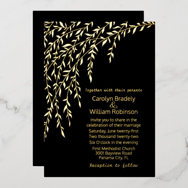 Gold Willows Black Wedding Foil Invitation (Front/Back)