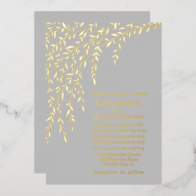 Gold Willows Grey Wedding Foil Invitation (Front/Back)