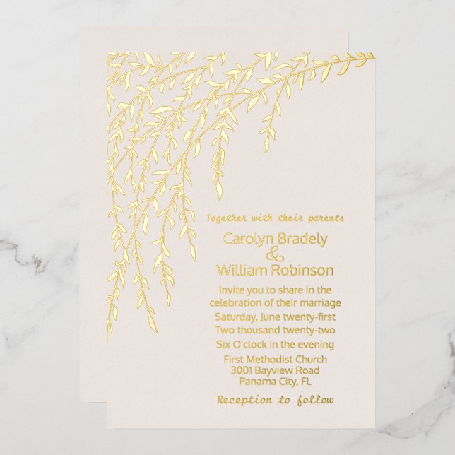 Gold Willows Ivory Wedding Foil Invitation (Front/Back)