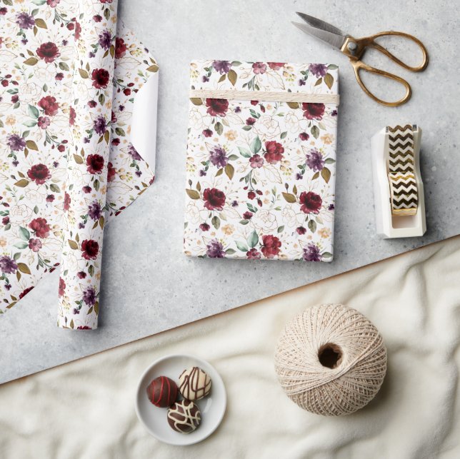 Gold Wine Burgundy Floral Pattern Wrapping Paper (Crafts)