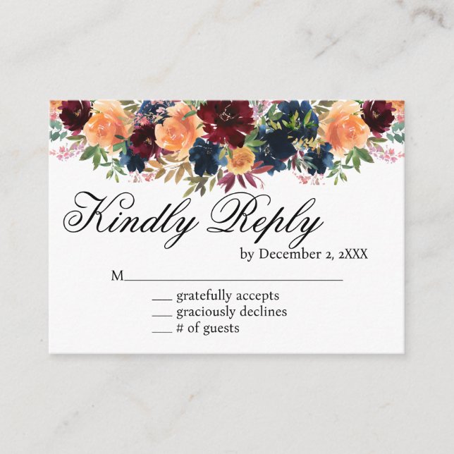 Gold Wine Burgundy Navy Blue Floral RSVP Card (Front)