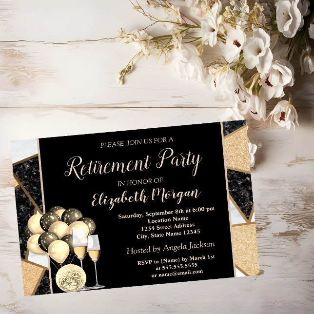 Gold Wine Glass,Ballons,Marble Retirement Party Invitation (Creator Uploaded)