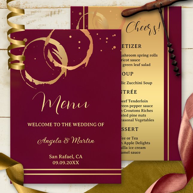 Gold Wine Stains Confetti Wedding Menu (Wine themed wedding  menu featuring gold intersecting wine stains and sparkles on burgundy marsala)