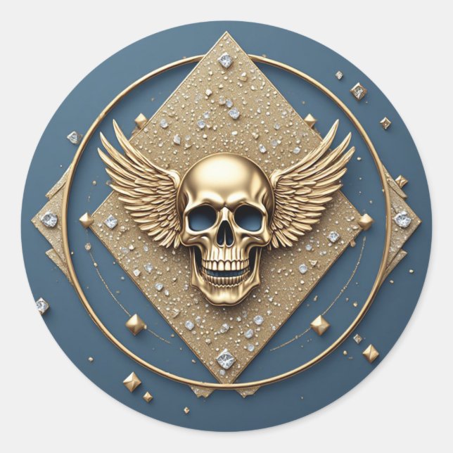 ☠️ Gold Winged Skull Gothic Gift For Bikers 💎 Classic Round Sticker (Front)