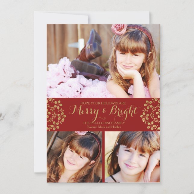Gold Winter Flowers Holiday Photo card (Front)