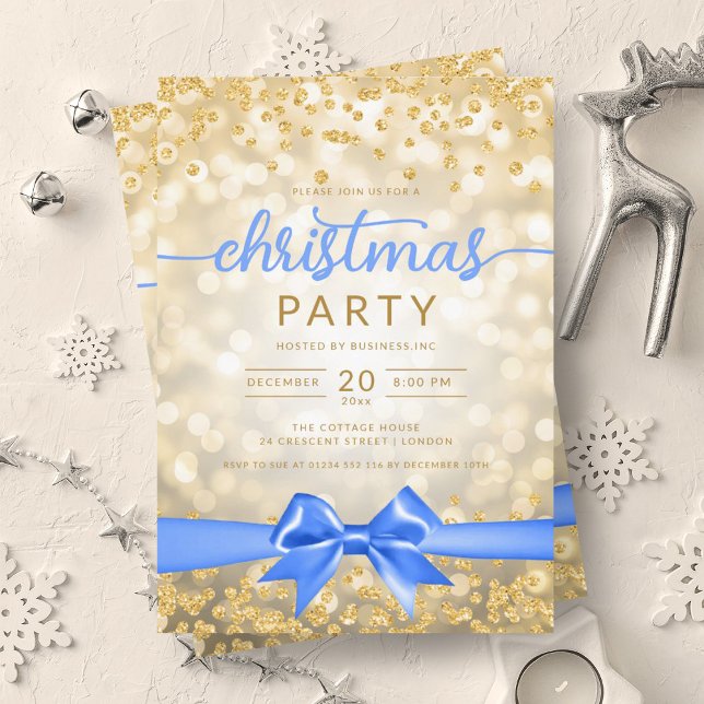 Gold Winter Glam Company Xmas Blue Ribbon Invitation (Gold Winter Glam Company Xmas Blue Ribbon Invitation)