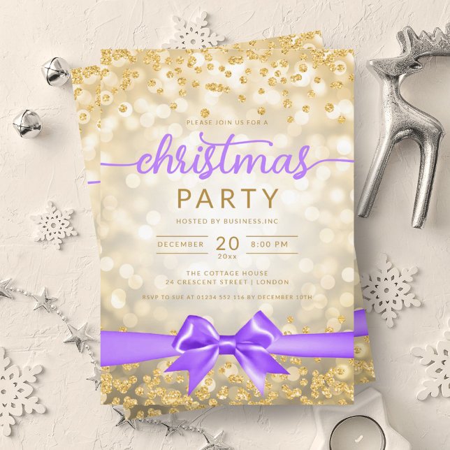 Gold Winter Glam Company Xmas Purple Ribbon Invitation (Gold Winter Glam Company Xmas Purple Ribbon Invitation)