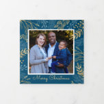 Gold Winter Greenery Dark Blue 4 Photo Christmas Tri-Fold Holiday Card<br><div class="desc">This beautiful tri fold photo Christmas card offers 4 square photos and a gold and dark red botanical border. Personalise with your own personal message or use the one shown.</div>