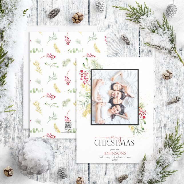 Gold Winter Greenery Merry Christmas Photo Holiday Card (Creator Uploaded)