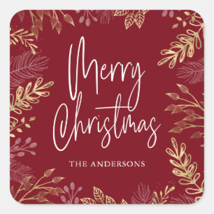 Gold Winter Greenery on Dark Red Christmas Square Sticker