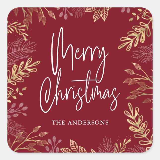 Gold Winter Greenery on Dark Red Christmas Square Sticker (Front)