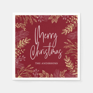 Gold Winter Greenery Red Christmas Napkin