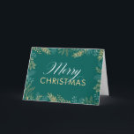 Gold Winter Greenery Teal Christmas Card<br><div class="desc">This elegant Christmas card is a great way to send a holiday greeting to family and friends. The front features gold holiday greenery on a dark teal background. Elegant text reads "Merry Christmas".  Add your own custom message on the inside or use the sample message that is shown.</div>