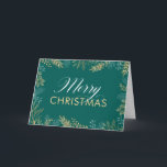 Gold Winter Greenery Teal Christmas Card<br><div class="desc">This elegant Christmas card is a great way to send a holiday greeting to family and friends. The front features gold holiday greenery on a dark teal background. Elegant text reads "Merry Christmas".  Add your own custom message on the inside or use the sample message that is shown.</div>