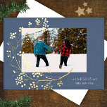 Gold Winter Natural Blue Merry Christmas Photo<br><div class="desc">Gold Winter Natural Blue Merry Christmas Photo Foil Holiday Card
*real foil</div>