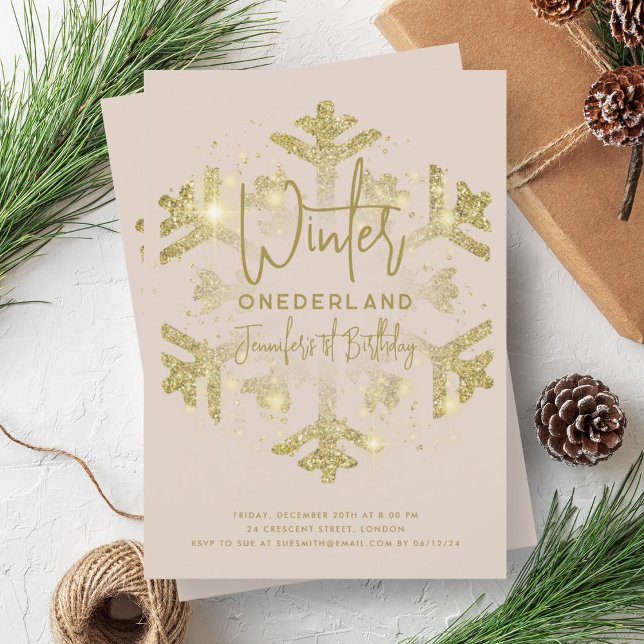 Gold Winter ONEDERLAND 1st Birthday Glitter Beige Invitation (Gold Winter ONEDERLAND 1st Birthday Glitter Beige Invitation)