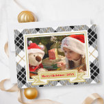 Gold Winter Plaid Christmas Photo Card<br><div class="desc">This Christmas card has a trendy plaid background pattern and a large framed area for showcasing your holiday photo pic. Designed in black, white and gold beige colour tones with red text accents accents and a cute santa hat on the back. Just edit your text front and back and replace...</div>