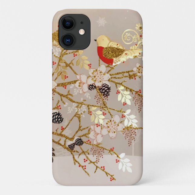 Gold Winter Snow Birds Country Christmas Case-Mate iPhone Case (Back)