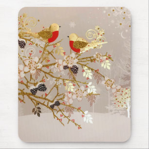 Gold Winter Snow Birds Country Christmas Mouse Pad