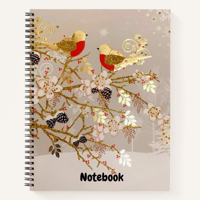 Gold Winter Snow Birds Country Christmas Notebook (Front)
