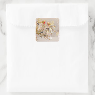 Gold Winter Snow Birds Country Christmas Square Sticker