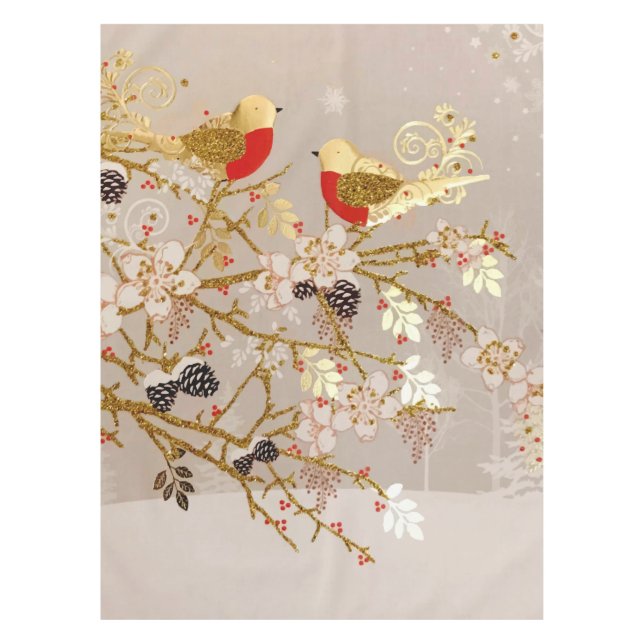 Gold Winter Snow Birds Country Christmas Tablecloth (Front)