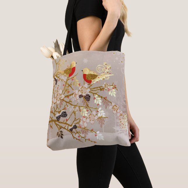 Gold Winter Snow Birds Country Christmas Tote Bag (Close Up)